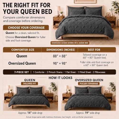 HIMEET Queen Comforter Set Dark Grey - 7 Pieces Pintuck Bed in a Bag
