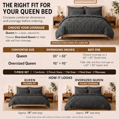 HIMEET Queen Comforter Set Dark Grey - 7 Pieces Pintuck Bed in a Bag