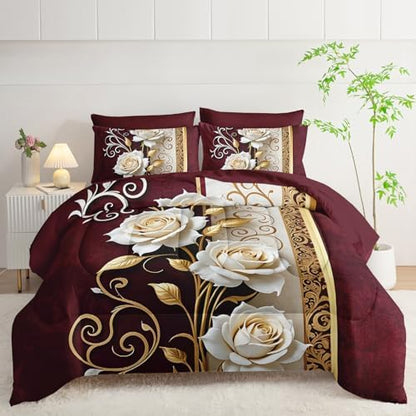 Red and White Floral Comforter Set Queen Size 7 Piece，Rose Queen Bedding Set，(1 Comforter, 1 Flat Sheet, 1 Fitted Sheet, 2 Pillowcase and 2 Pillow Sham)，White Rose Bedroom Decor