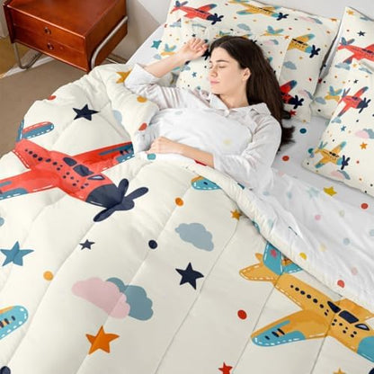 Erosebridal Aircraft Kids King Comforter Set with Sheets 7 piece Cartoon Airplane Clouds Bed in A Bag Flying Plane Stars Print Bedding Sets for Boys Girls Airplane Enthusiasts,Aviation Theme Bed Set