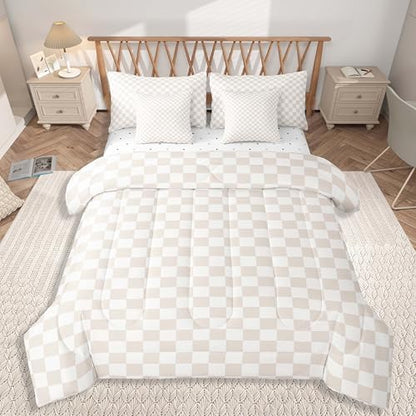 jejeloiu Beige Bedding Set 7Pcs King Size Kids Plaid Checkered Comforter Set with Sheets for Boys Girls Classic Grid Buffalo Check Bed in a Bag Soft Lightweight,Microfiber
