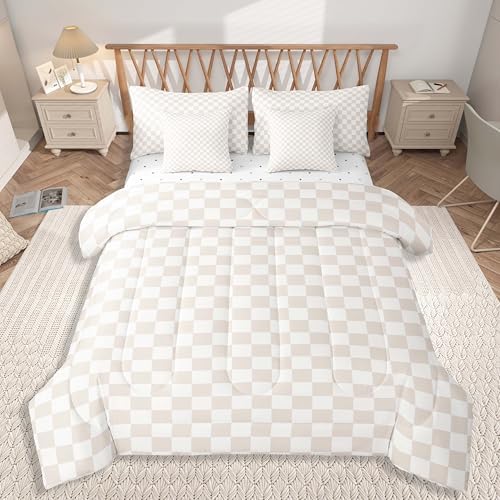 jejeloiu Beige Bedding Set 7Pcs Queen Size Kids Plaid Checkered Comforter Set with Sheets for Boys Girls Classic Grid Buffalo Check Bed in a Bag Soft Lightweight,Microfiber