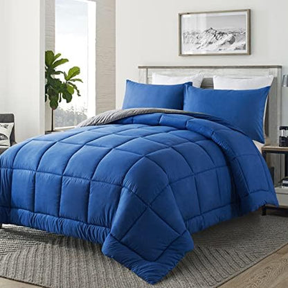 DOWNCOOL Queen Comforter Set -All Season Bedding Comforters Sets with 2 Pillow Cases-3 Pieces Bedding Sets Queen -Down Alternative Blue/Grey Queen Size Comforter Sets(88"x92")