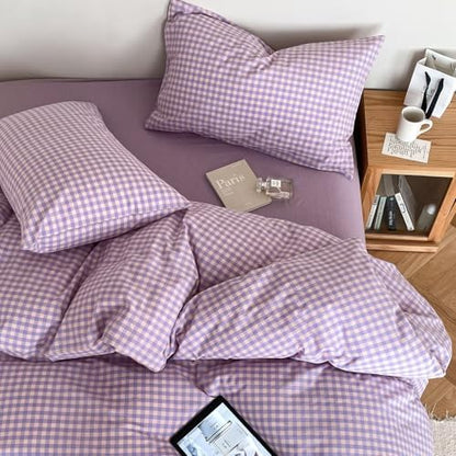 mixinni Purple Gingham Comforter Set Full, Plaid Comforter Set 3 Pieces 1 Purple Grid Comfoter with 2 Pillow Cases for All Seasons, Soft Fluffy Modern Grid Pattern Printed Bedding-Full Size