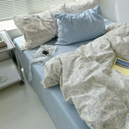 mixinni Blue Floral Duvet Cover Twin Size - 100% Cotton Soft Boho Comforter Cover with Zipper Closure 4 Ties, 3-Piece Vintage Aesthetic Botanical Bedding Set with 2 Pillowcases, All Season Bed Set