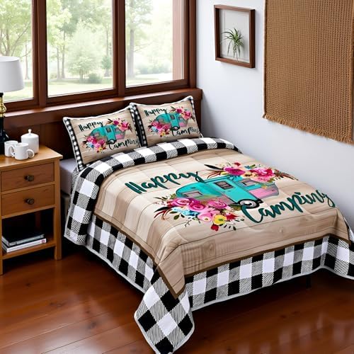 Manfei RV Happy Travelling Comforter Set Full,Camper Adventure Car Bedding Set 3pcs for Kids Teens Adults Trailer Decor,Wooden Plaid Vintage Quilt Set,Farmhouse Duvet Insert with 2 Pillowcases