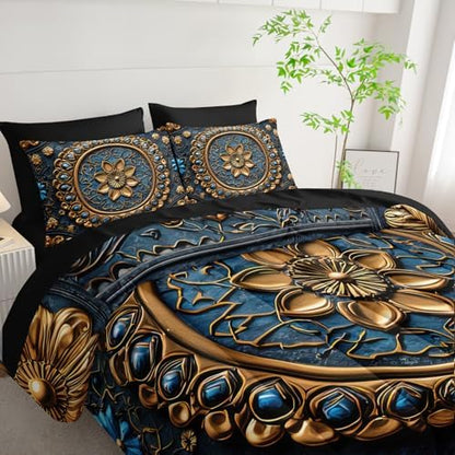 7 Piece Bed in A Bag Black and Gold Mandala Comforter Set King Size，Mandala Bedding Set King，(1 Comforter, 1 Flat Sheet, 1 Fitted Sheet, 2 Pillowcase and 2 Pillow Sham)，Mandala Bedroom Decor