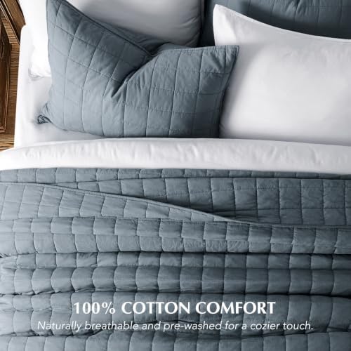 EVERGRACEHOME 100% Cotton Box Stitch Quilt Set, Oversized King, Midnight Blue