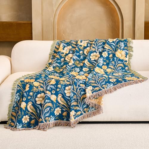 VANJOROY Boho Throw Blanket, 100% Organic Cotton Breathable Ultra Soft 80" x 90" Bed Quilt Throw - All Season Floral Rustic Farmhouse Decor Luxury Reversible Blanket for Sofa Couch Chair and Gift