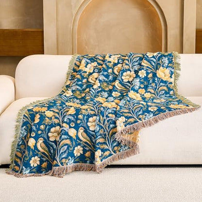 VANJOROY Boho Throw Blanket, 100% Organic Cotton Breathable Ultra Soft 80" x 90" Bed Quilt Throw - All Season Floral Rustic Farmhouse Decor Luxury Reversible Blanket for Sofa Couch Chair and Gift