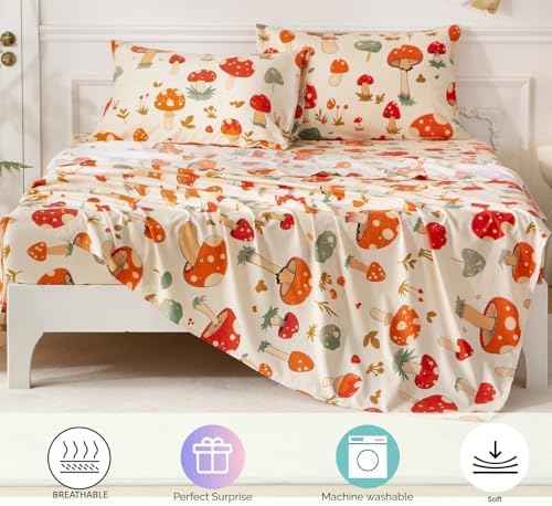SDY 7PCS Mushroom Bedding Twin，Mushroom Comforter Twin and Bed Sheets for Boys Girls and Kids witj 1Comforter 1Fitted Sheet 1Flat Sheet 2Pillow Cover 2Pillow Sham