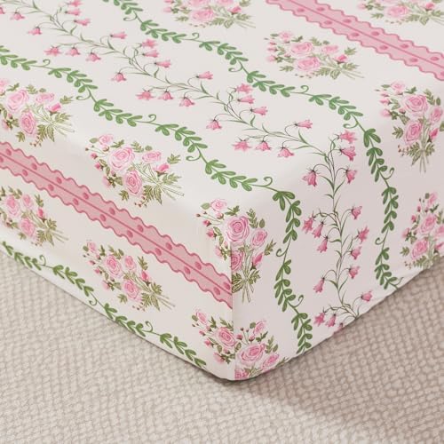 Brandream French Country Crib Bedding Set for Girls Pink Floral Stripes Vines Grandmillennial Cottagecore Print 100% Cotton Baby Girl Nursery Bedding - Ruffles Quilt,Crib Sheet,Crib Bed Skirt,3 Pieces
