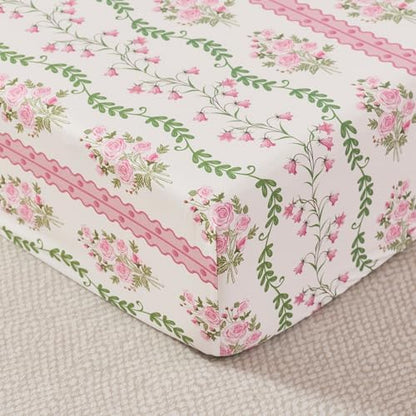 Brandream French Country Crib Bedding Set for Girls Pink Floral Stripes Vines Grandmillennial Cottagecore Print 100% Cotton Baby Girl Nursery Bedding - Ruffles Quilt,Crib Sheet,Crib Bed Skirt,3 Pieces