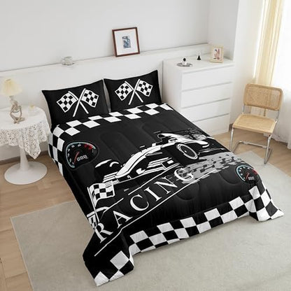 Boys Racing Car Comforter Set Full for Kids Teens Extreme Sports Theme Bedding Set, Black White Buffalo Bedding Comforter Sets Sprots Car Duvet Set, Plaid Quilted Comforter (Black Reversible)
