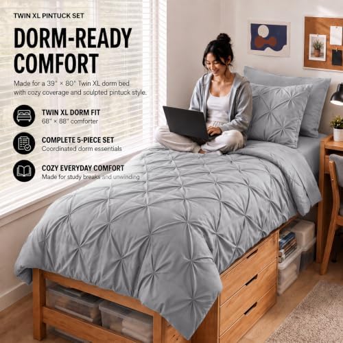 HIMEET Twin XL Comforter Set Light Grey - 5 Pieces Pintuck Bed in a Bag