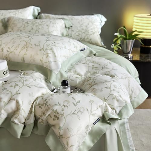 VM VOUGEMARKET Green Flower Duvet Cover Twin Cooling Lyocell Comfoter Cover Set for Hot Sleeper,Moisture Wicking Silky Bedding Set-Mint Green