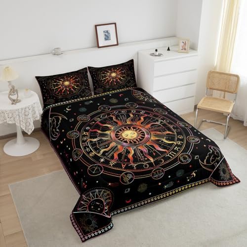Manfei Sun and Moon Comforter Set Full Size, Zodiac Constellation Bedding Set 3pcs for Kids Boys Girls Room Decor, Hippie Boho Quilt Set with 2 Pillowcases