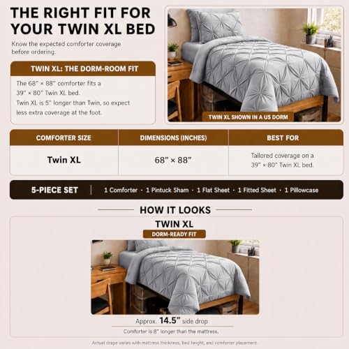 HIMEET Twin XL Comforter Set Light Grey - 5 Pieces Pintuck Bed in a Bag