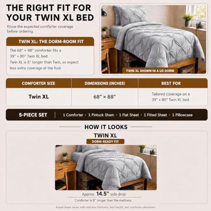 HIMEET Twin XL Comforter Set Light Grey - 5 Pieces Pintuck Bed in a Bag