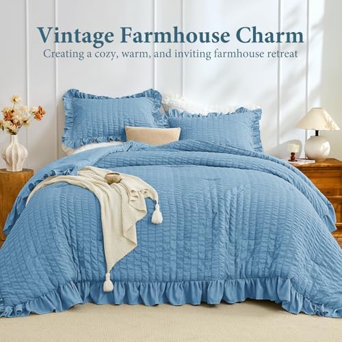 JOLLYVOGUE Twin Size Comforter Set, 2 Pieces Sea Blue Seersucker Lightweight Fluffy Bedding Set, Twin Ruffle Comforter, All Season Soft Microfiber Shabby Chic Bed Set