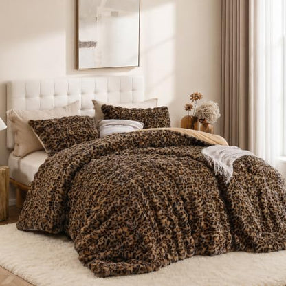 YIKUSH Leopard Print Faux Fur Comforter Set, Fluffy Cheetah Comforter Full