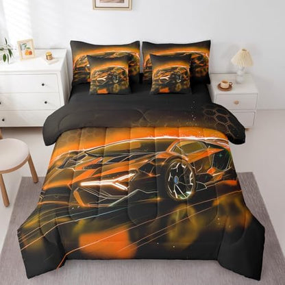 Feelyou Kids Sports Car 7 Piece Bedding Set King Size Orange Race Car Comforter Set with Sheets for Kids Teens Boys Girls Extreme Sports Theme Bed in a Bag Speed Luxury Car Bed Set