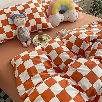 Wellboo Orange White Plaid Comforter Sets Queen Women Girls Light Red Checkerboard Bedding Comforters Cotton Rust Caramel and White Checkered Geometric Quilts Adults Modern Grid Abstract Simple Bed