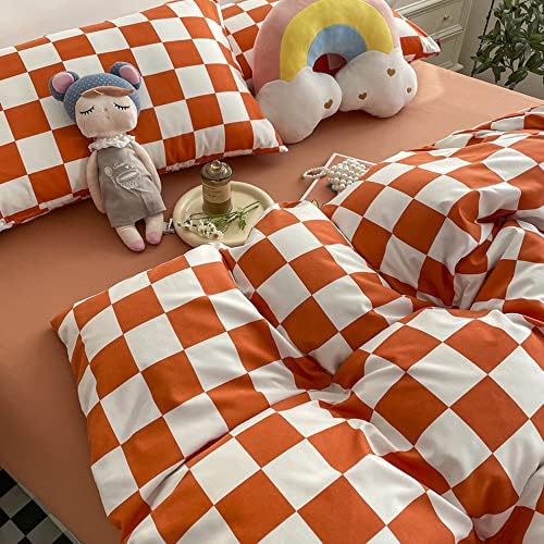 Wellboo Orange White Plaid Comforter Sets California King Women Girls Light Red Checkerboard Bedding Comforters Cal King Cotton Rust Caramel and White Checkered Geometric Quilts Modern Abstract Bed