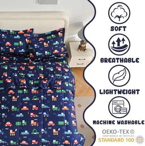 Yibeizi Car Kids Comforter Set for Boys Twin Navy Blue Bedding