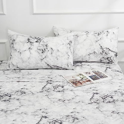 Best Season Bed Sheet Set 4 Pieces -Full Size-Soft Durable Microfiber Bedding Sheet Set,Deep Pocket,Stain,Fade & Wrinkle Resistant(White Marble)