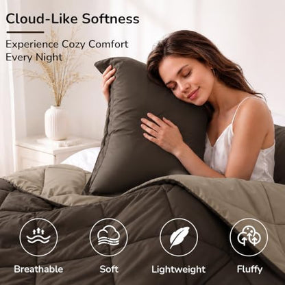 downluxe Full Comforter Set Soft Reversible 3 Pieces, Brown/Tan