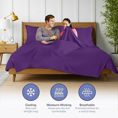 Kickoff Viscose Bamboo Sheets RV Short Queen Size 4-pc 100% Organic Bamboo Viscose Bed Cooling Sheets Set (60" x 75") Cool Bedding for hot Sleepers Sheet Set - Gift Ready Packaging (Purple, SQ)