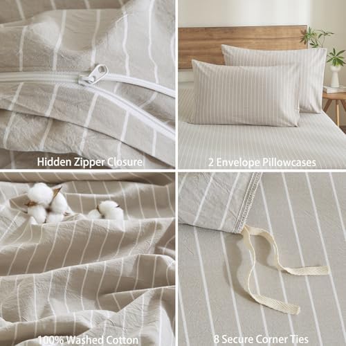 Striped Duvet Cover Set 3 Piece 100% Washed Cotton Linen Like Textured Bedding Comfy Breathable Lightweight (Queen, Wide Stripe-Beige Grey/White)