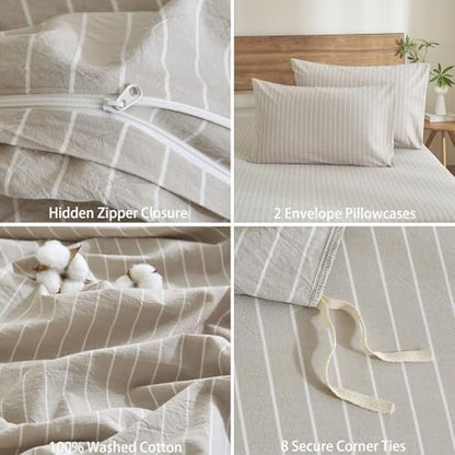 Striped Duvet Cover Set 3 Piece 100% Washed Cotton Linen Like Textured Bedding Comfy Breathable Lightweight (Queen, Wide Stripe-Beige Grey/White)