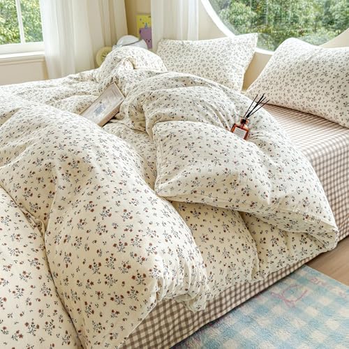 VM VOUGEMARKET Girls Duvet Cover Set Twin Soft Lightweight Muslin Cotton Floral Duvet Cover with 2 Pillowcases Vintage Botanical Bedding Comforter Cover with Zipper Ties