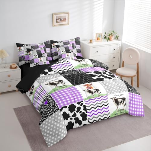 Erosebridal Kawaii Highland Cow 7 Pcs Comforter Set King Size,Cute Cattle Print Bedding,Farm Animals Bed Sheet with Pillowcase & Sham Honeycomb Plaid Pattern Geometric Stripes