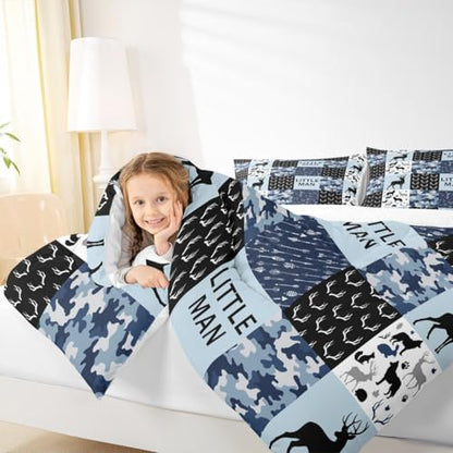 Manfei Camo Deer Antlers Comforter Set Twin,Geometric Checks Patchwork Bedding Set 2pcs for Kids Teens Boys Adults Room Decor,Boho Arrow Animals Quilt Set,Blue Xmas Duvet Insert with 1 Pillowcase