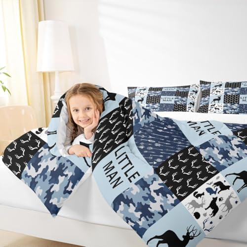 Manfei Camo Deer Antlers Comforter Set King Size Geometric Checkered Patchwork Bedding 3pcs for Xmas Decor, Boho Arrows Animals Quilt Set, Blue Rustic Duvet Insert, 2 Pillowcases (WWS10844GYY-BZ_USk)