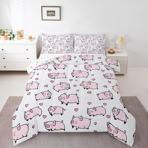Feelyou Kids Pink Pig Comforter Set King Size Cartoon Pigs Bedding Set Boys Girls Lovely Animal Cute Pet Quilt Set Farm Animal Love Heart Bed Set