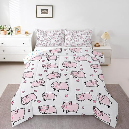Feelyou Kids Pink Pig Comforter Set Toddler Cartoon Pigs Bedding Set Boys Girls Lovely Animal Cute Pet Quilt Set Farm Animal Love Heart Bed Set