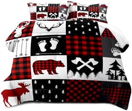 LUVIVIHOME 3PCS Rustic Cabin Comforter Set King Size, Christmas Bedding, Deer Bear White Red Black Plaid Patchwork Lodge Log Country Farmhouse Bedroom Decor, Soft Microfiber Quilt, 2 Pillow Shams