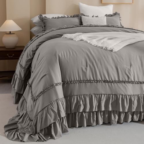 Masaca Grey Oversized King Comforter 120x120,Farmhouse Shabby Boho Chic Gray Ruffled California King Comforter Oversized,Vintage French Country Bedding Comforter with Ruffles for All Season