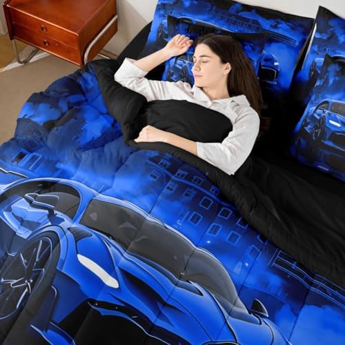 jejeloiu Kids Race Car Comforter Set with Sheets Queen Size Extreme Sport Games Bedding Set for Boys Girls Bedroom Decor Modern Blue Bed in a Bag Soft Lightweight Microfiber