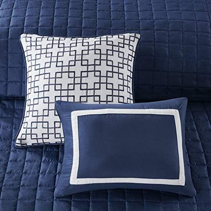 Madison Park Heritage Comforter Quilt Combo Set - Modern Luxury Design, All Season Down Alternative Bedding, Matching Shams, Decorative Pillows, King/Cal King(104"x92"), Color Block Navy 8 Piece
