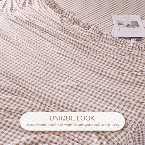 Gingham Twin Sheet Set, Lightweight Super Soft Brushed Microfiber Plaid Bed Sheets with 16" Deep Pocket, 3 Piece Ruffle Farmhouse Bedroom Decor, Taupe