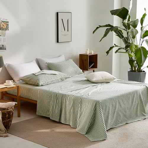 JELLYMONI 100% Cotton King Sheet Set, Green Striped