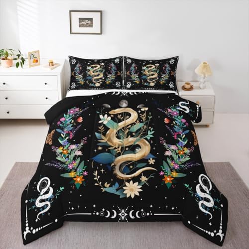 Boho Snake Comforter Set Queen Size,Watercolor Floral Leaves Bedding Set 3Pcs,Sun and Moon Quilted Duvet for Kids Girls Boys Teens Room Decor,Exotic Style Black White Down Comforter,2 Pillowcases