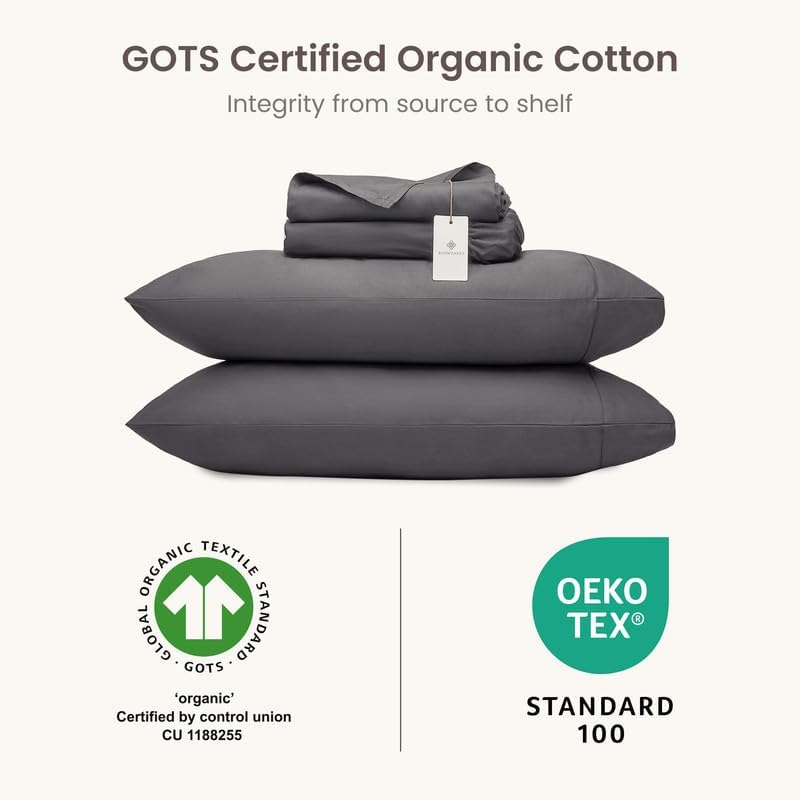 BIOWEAVES 100% Organic Cotton Sheets, 300 Thread Count 4-Piece GOTS Certified Bed Sheet Set Fits Mattress Upto 17" Deep Pocket, Soft & Silky Sateen Weave (King, Stone)