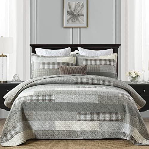 Y-PLWOMEN 100% Cotton King Size Quilt Farmhouse Striped 3-Pieces Bedding