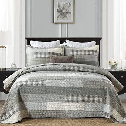 Y-PLWOMEN 100% Cotton King Size Quilt Farmhouse Striped 3-Pieces Bedding